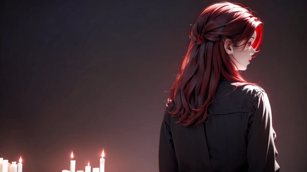 1 Girl, medium light Red hair, light black eyes , wearing black Suit 4D , night TOWN 18+, high res, ultrasharp, 8K, masterpiece, looking from behind
