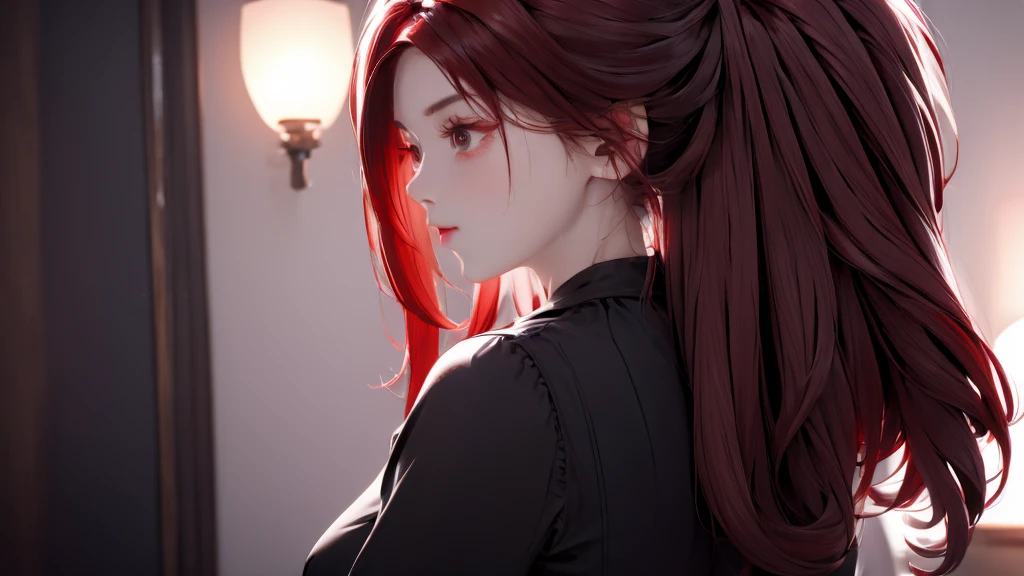 1 Girl, medium light Red hair, light black eyes , wearing black Suit 4D , night TOWN 18+, high res, ultrasharp, 8K, masterpiece, looking from behind
