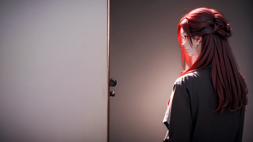 1 Girl, medium light Red hair, light black eyes , wearing black Suit 4D , night TOWN 18+, high res, ultrasharp, 8K, masterpiece, looking from behind