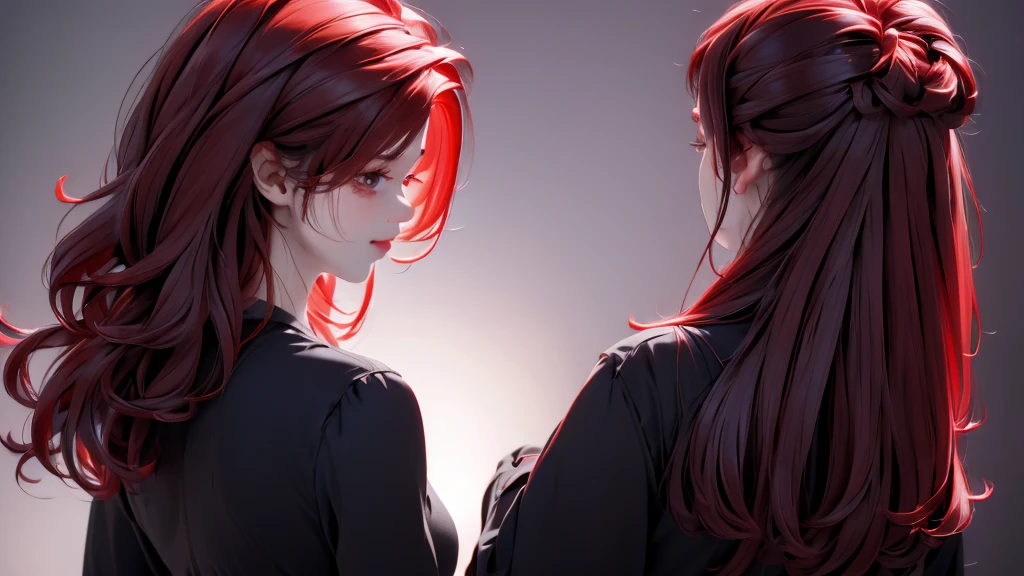 1 Girl, medium light Red hair, light black eyes , wearing black Suit 4D , night TOWN 18+, high res, ultrasharp, 8K, masterpiece, looking from behind