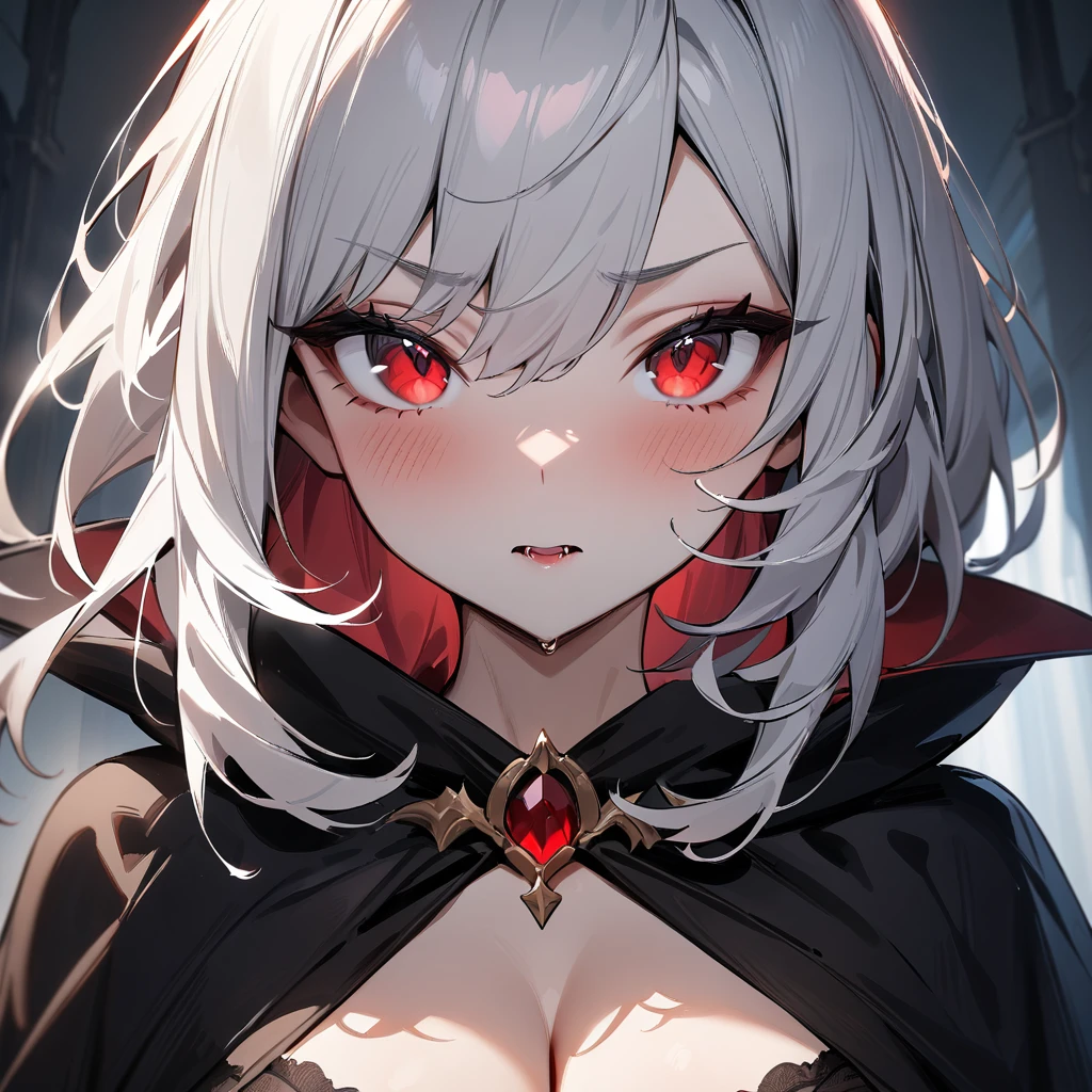 nsfw,1 girl,White hair,red eyes,Solo,portrait,Cleavage, vampire,Black Cape,masterpiece, best quality, very aesthetic, absurdres masterpiece, best quality, very aesthetic, absurdres masterpiece, best quality, very aesthetic, absurdres,looking at viewer,