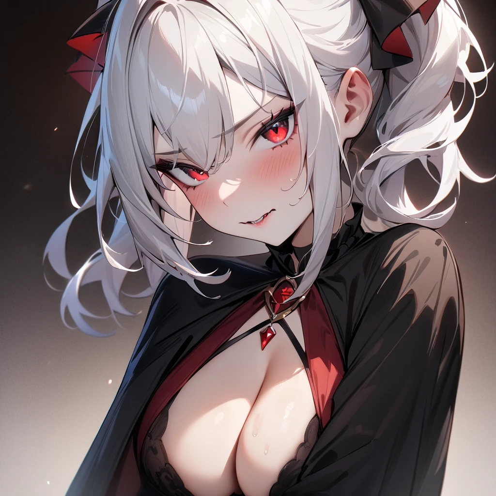 nsfw,1 girl,White hair,red eyes,Solo,portrait,Cleavage, vampire,Black Cape,masterpiece, best quality, very aesthetic, absurdres masterpiece, best quality, very aesthetic, absurdres masterpiece, best quality, very aesthetic, absurdres,looking at viewer,