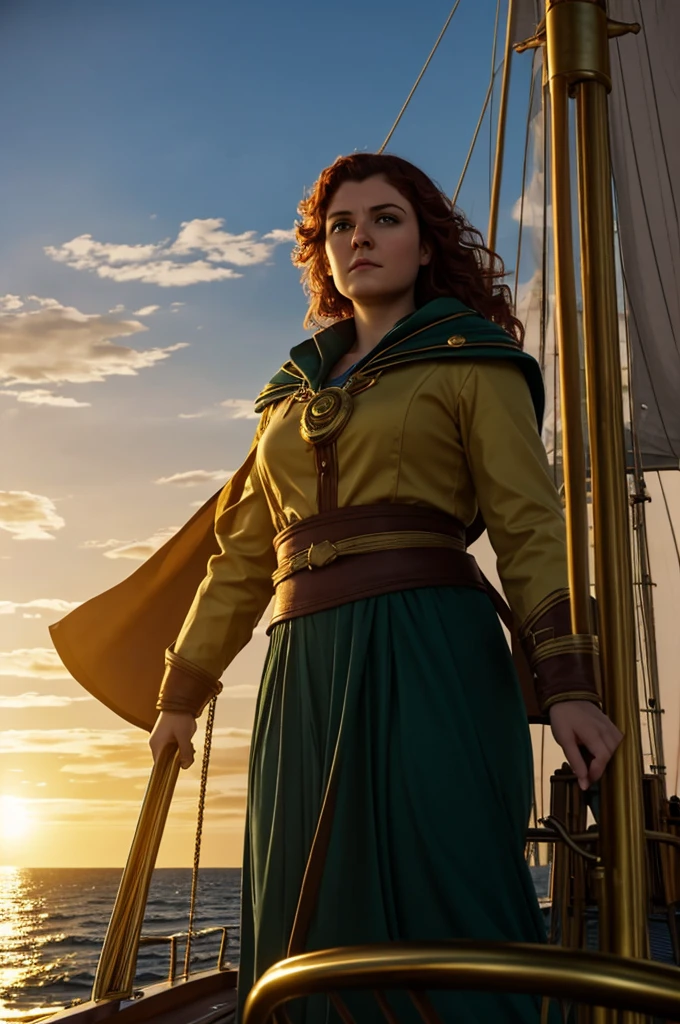 "A determined woman, Captain Elara, stands at the helm of a majestic ship named Aurora, scanning the vast, golden-hued sea as the sun sets."