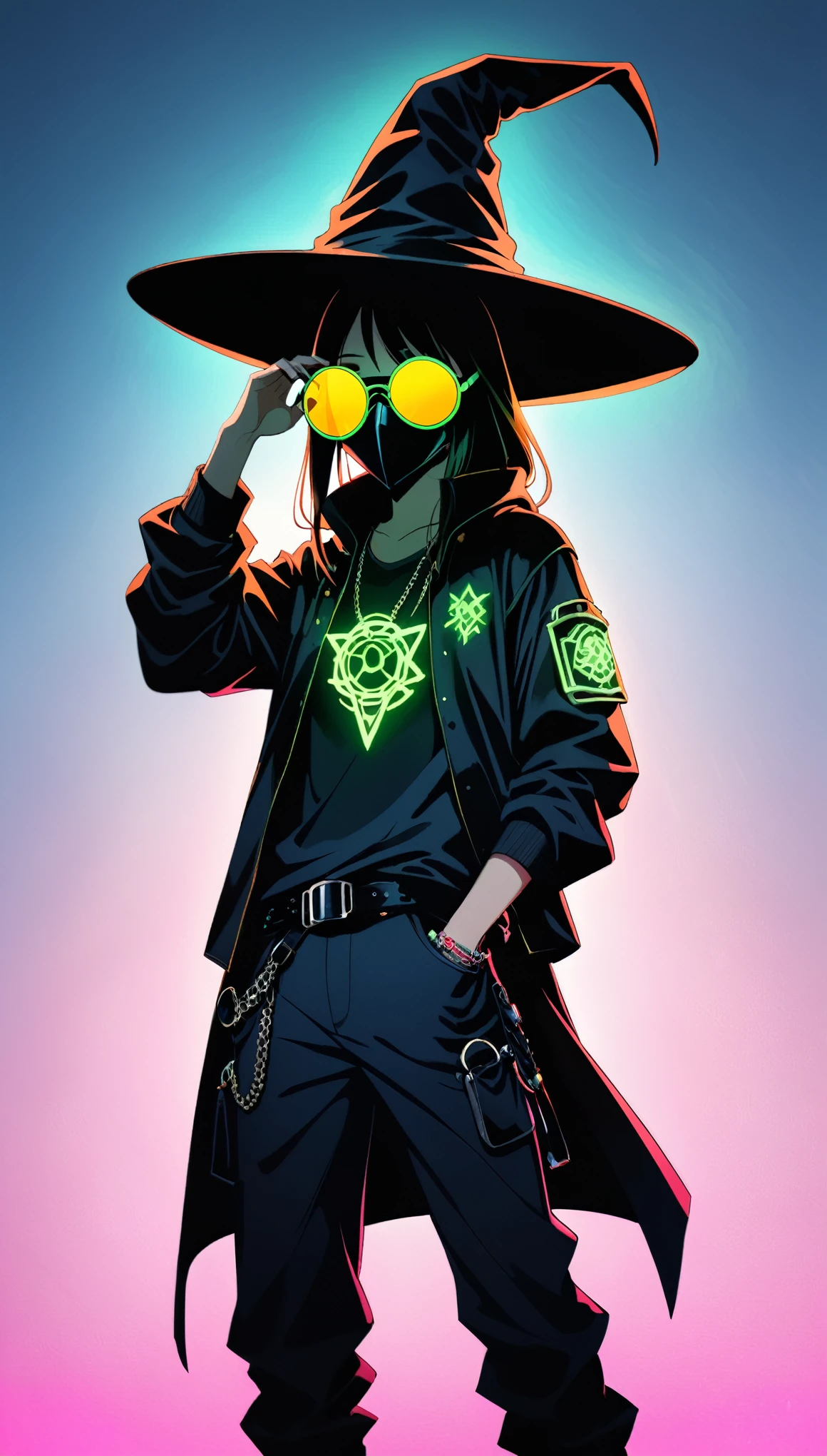 in style of Jaehyo Lee,
(1girl:1.4),(lori :1.5),(loose hip-hop outfits:1.6),(giant wide-brimmed wizard hat:1.1),silhouette,metal plague doctor mask,long beak mask,(((neon glowing round sunglasses))),unable to see the eyes,(large area blank:1.4),(minimalist composition:1.4),blank,white_background,chinese ink style,
(from_below:1.3),(solo:1.5),(dynamic angles:1.5),