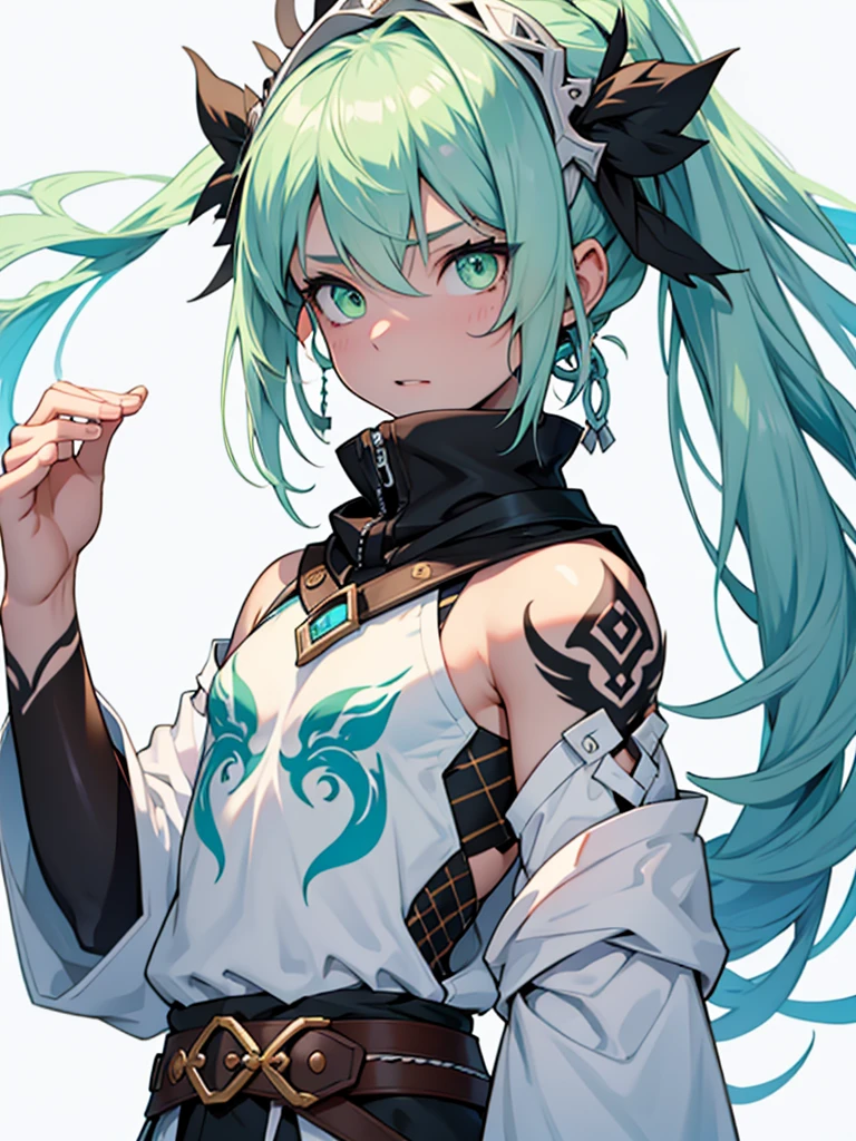 White background、10 year old girl、Pure white skin、Black tattoo on face、Green Eyes、Fantasy、God of Nothingnesask、お面を顔につける