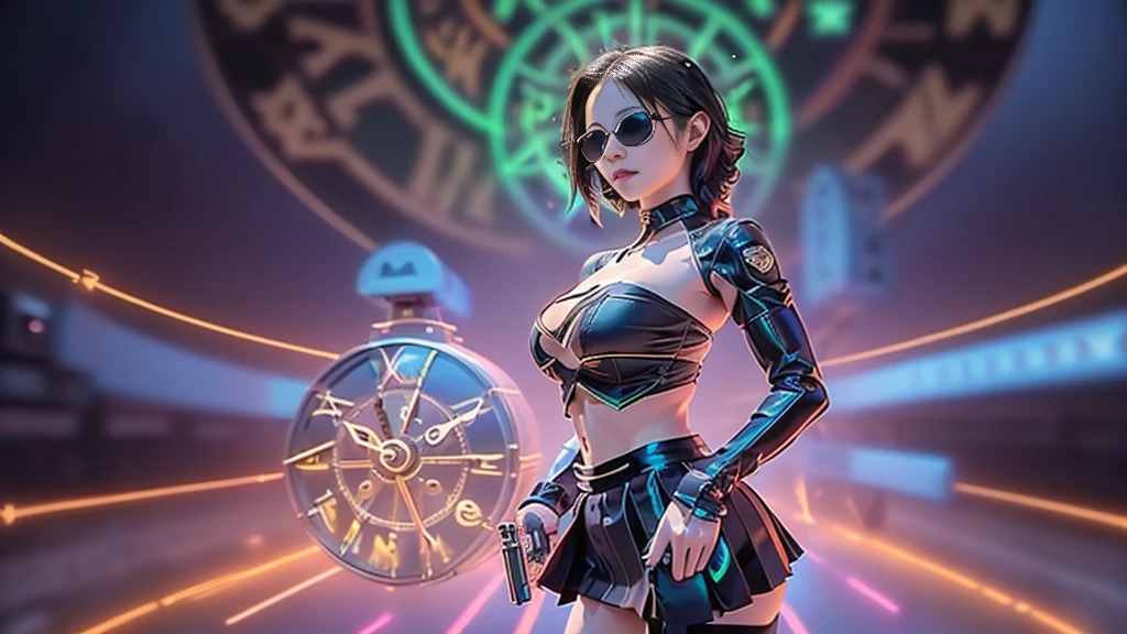 (aerial view). at night, futuristic sci-fi cyberpunk city, broad viaduct, skyscrapers at the end of the viaduct, the movie "13th Floor" style, (((((voltex-spirit-spreading giant clock tower as time machine))))), hq. Matrix style, at night, (1girl, solo), photo realistic, (large-breast:1.2 slim body, cleavage:1.3), (((tube top, extreamly short pleated (((miniskirt))) exposing panty))), (((((matrix style black sunglasses))))), (((((aiming at camera with a (short pistol)))))), (((half-body (thigh level) medium shot))), (cinematic lighting).