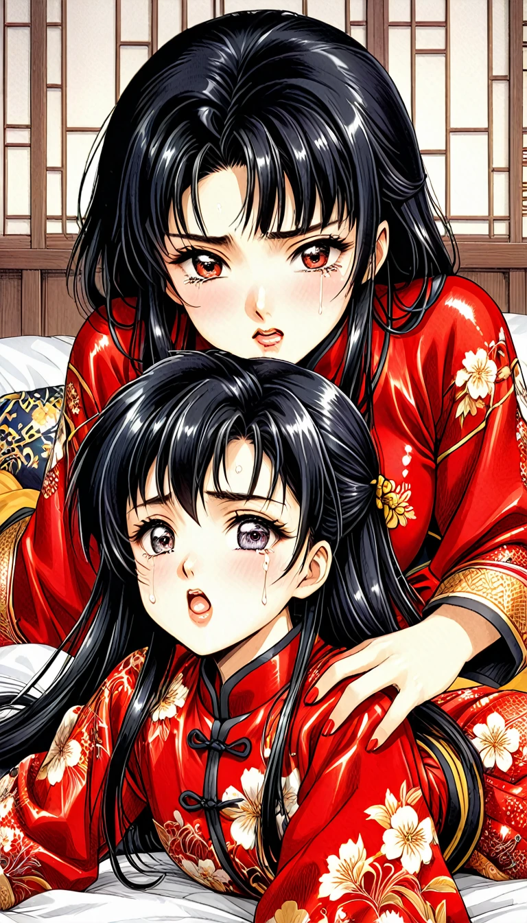 8k Tragic and Lewd Live-Action Historical Drama Lewd Court Secrets　Beautiful 10 year old Chinese Kung Fu princess with long black hair is forced to give a hard blowjob　Gorgeous embroidery, Ultra glossy, She is wearing a shiny red top and bottom long sleeve floral pajama kung fu suit....　　She cries loudly and is laid down on a floral futon to give the emperor a blowjob.