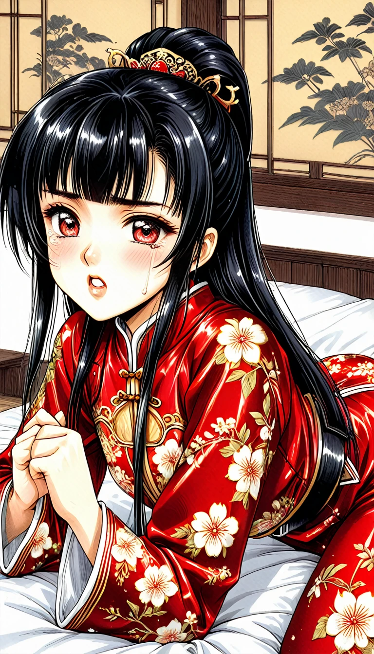 8k Tragic and Lewd Live-Action Historical Drama Lewd Court Secrets　Beautiful 10 year old Chinese Kung Fu princess with long black hair is forced to give a hard blowjob　Gorgeous embroidery, Ultra glossy, She is wearing a shiny red top and bottom long sleeve floral pajama kung fu suit....　　She cries loudly and is laid down on a floral futon to give the emperor a blowjob.