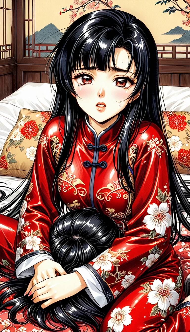 8k Tragic and Lewd Live-Action Historical Drama Lewd Court Secrets　Beautiful  Chinese Kung Fu princess with long black hair is forced to give a hard blowjob　Gorgeous embroidery, Ultra glossy, She is wearing a shiny red top and bottom long sleeve floral pajama kung fu suit....　　She cries loudly and is laid down on a floral futon to give the emperor a blowjob.