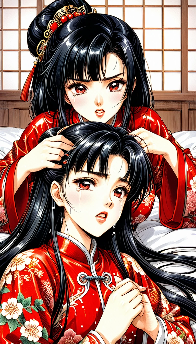 8k Tragic and Lewd Live-Action Historical Drama Lewd Court Secrets　Beautiful 10 year old Chinese Kung Fu princess with long black hair is forced to give a hard blowjob　Gorgeous embroidery, Ultra glossy, She is wearing a shiny red top and bottom long sleeve floral pajama kung fu suit....　　She cries loudly and is laid down on a floral futon to give the emperor a blowjob.