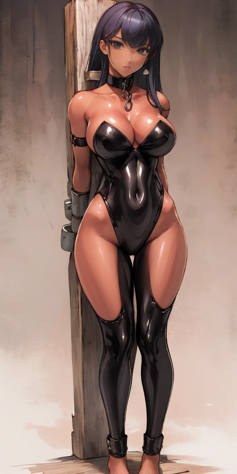 (Masterpiece, best quality, intricate details, 1sologirl) iron collar, arms behind back, iron cuffs, shackles, leather collar choker neck bell, bound ((standing by wooden pole:1.2)) ((female Black Dark skin Gyaru)) show entire body frontal position, realistic, gorgeous 16y.o. darkest skinned mixed race female, black African, transparent black pantyhose, legs together barefoot no shoes barefoot, looking view to viewer from below straight symmetrical, long hair