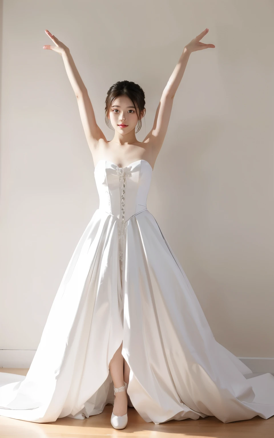 Beautiful 20 year old woman。She wears a wedding dress. She stretches her arms out like a ballet dancer.. She&#39;s smiling in the church lights at night . Romantic Sunset. Her dark brown hair. High resolution、masterpiece、Highest quality、頭w:1.0、((Hasselblad Photos))、Fine skin、(Cinema Lighting)、clavicle . Full body photo.