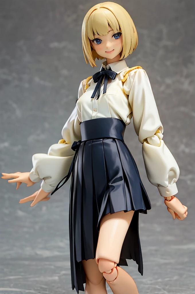 Realistic,Best quality,fine quality products,detailed,gayaru,slim,blonde bobcut hair,very small breasts,shirt,pleated skirt,looking happy,figma