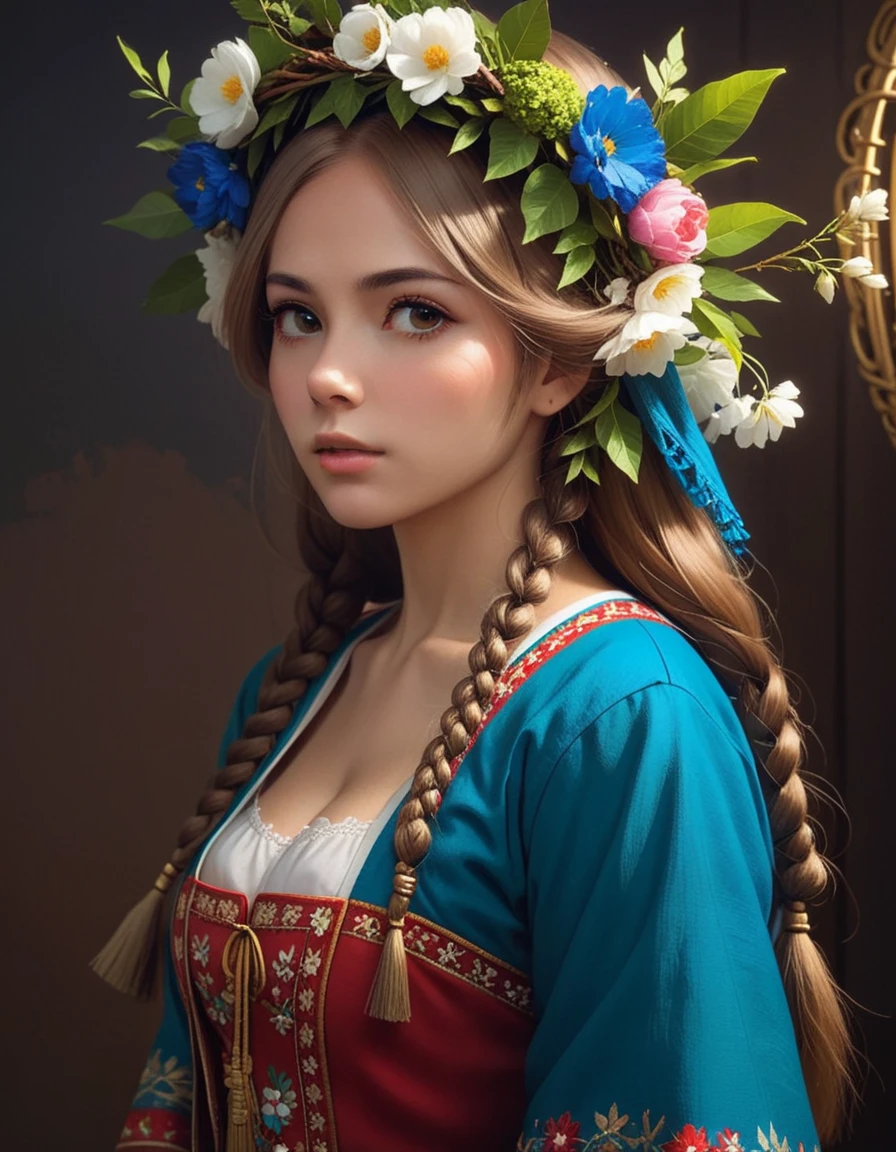 Portrait of a girl, looking away, Beautiful cute face, in Russian folk costume, On her head is a wreath of flowers, created by artists artgerm, cushart krenz, artgerm, pixiv. Creates a dramatic, cinematic atmosphere, has clear focus, Volumetric lighting, cinematic lighting, studio quality.