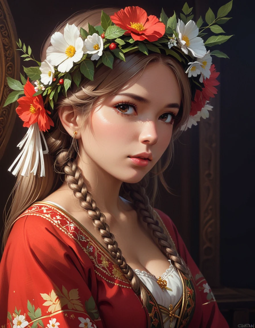Portrait of a girl, looking away, Beautiful cute face, in Russian folk costume, On her head is a wreath of flowers, created by artists artgerm, cushart krenz, artgerm, pixiv. Creates a dramatic, cinematic atmosphere, has clear focus, Volumetric lighting, cinematic lighting, studio quality.