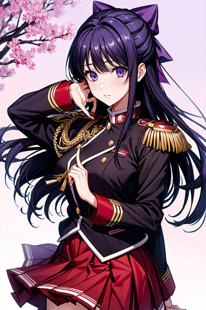 Akane Ryuuzouji、Black jacket uniform、Red pleated skirt、Epaulettes、Right shoulder to chest ornament、Purple head ribbon、Right facing