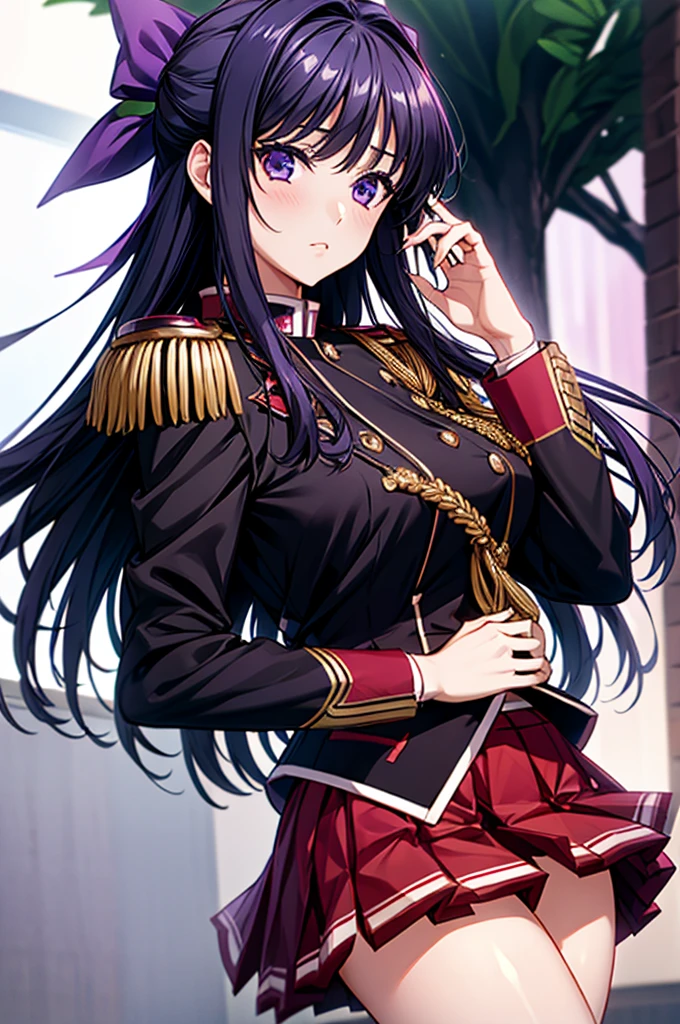 Akane Ryuuzouji、Black jacket uniform、Red pleated skirt、Epaulettes、Right shoulder to chest ornament、Purple head ribbon、Right facing