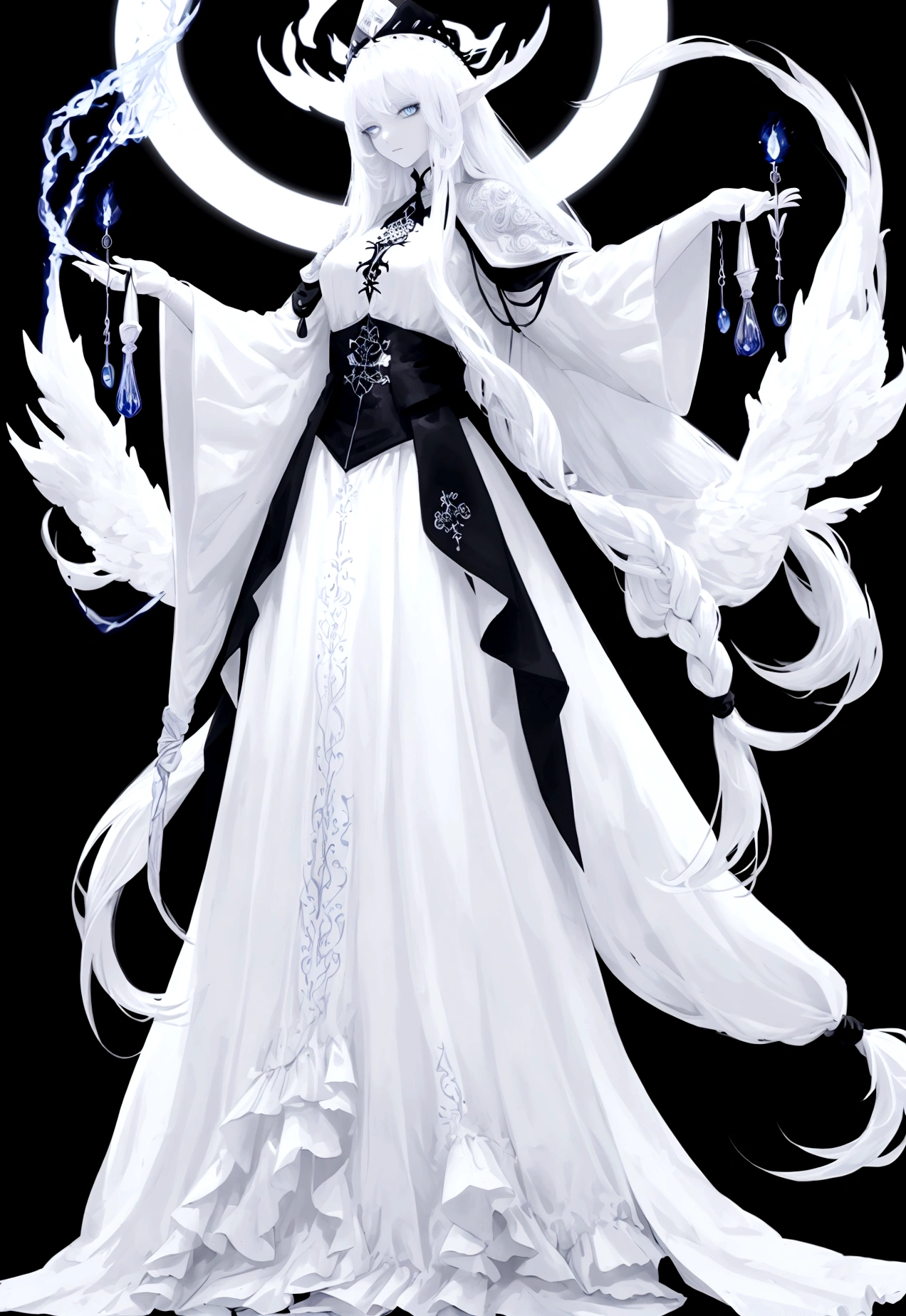 Character (human) (adult woman) (white long hair) (white witch-style clothing) (character casting spell pose) (full body) (black background)