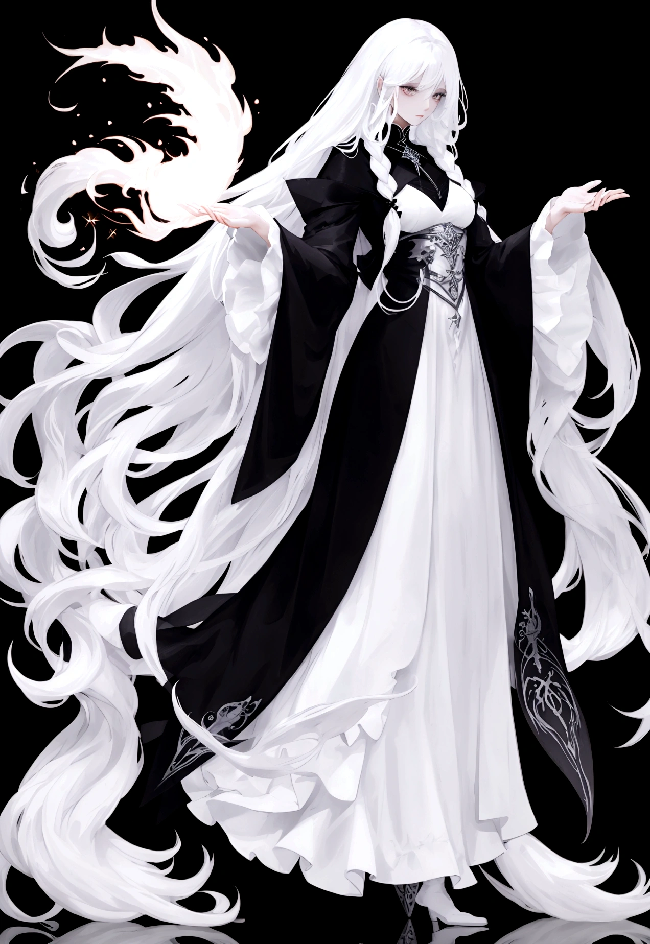 Character (human) (adult woman) (white long hair) (white witch-style clothing) (character casting spell pose) (full body) (black background)