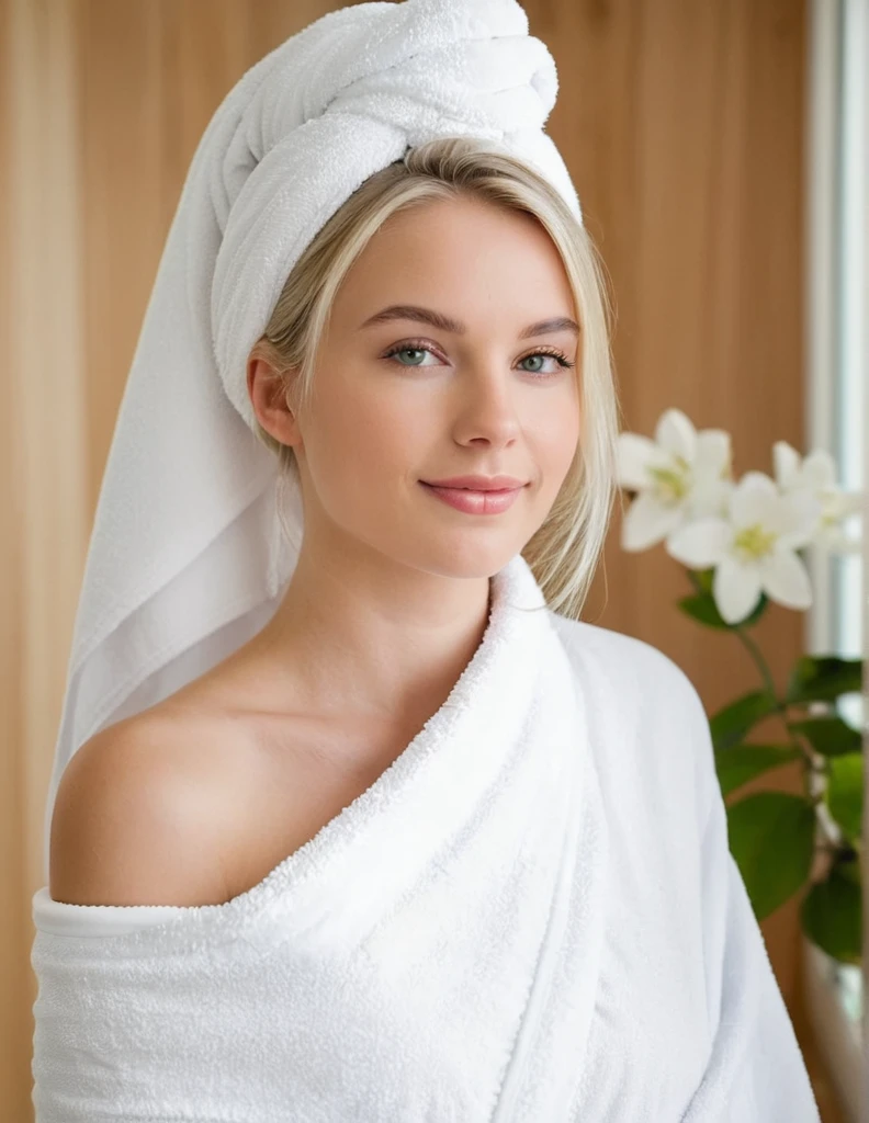 Beautiful blonde girl at a pampering spa day wearing a very small white towel