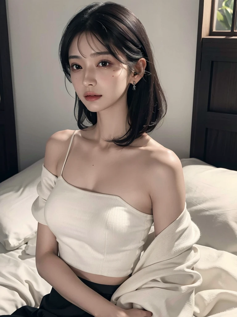 absurdres, RAW photo, extremely delicate and beautiful, masterpiece, Best Quality, ultra high resolution, 32k, hyperrealistic, ultra-detailed, in her 20s, delicate facial features, tearful mole, earring, medium breasts, full body shot, shorter middle hair, black hair, bare shoulder, midriff, skirt,