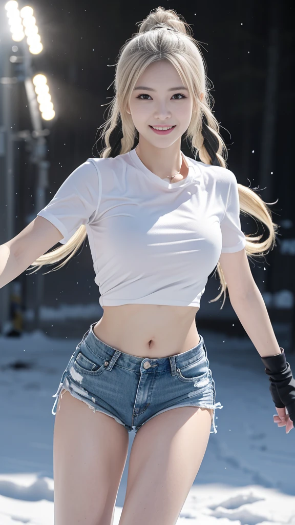 (8K、original photo、Top quality、masterpiece:1.2)、(Realist、Photorealistic:1.37)、Ultra Detailed、Ultra-high resolution、Wearing white navel-baring short-sleeved,Blue denim super shorts,Hourglass figure,Wearing black tactical gloves,sports shoes,blond,Girl with two braids,Close-up of jumping in the snow、Full body close-up,Fighting Stance,Shooting Stance,With a gun,持pistol, pistol,Aiming the gun,Bullet special effects,Full body close-up,Snowfield background,winter,snow,Explosion effects,Bullet special effects,Smile,Back to the audience,Look back,White skin、Smooth skin、Extremely beautiful face,Dynamic Angle、Dynamic Lighting