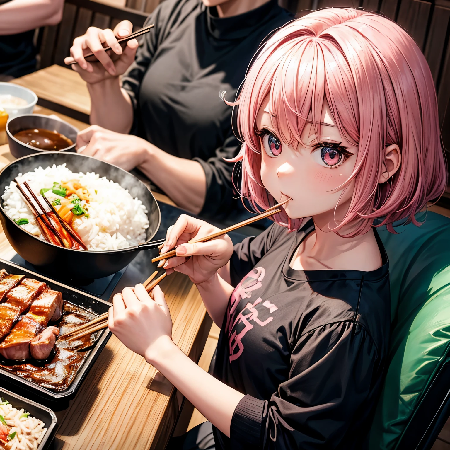 With short pink hair、A young anime girl in a black T-shirt、Eating rice with chopsticks。She is holding grilled meat on her chopsticks、I&#39;m trying to eat it。She had her eyes closed、Looks happy and satisfied。Close-up of face。The background is plain white。