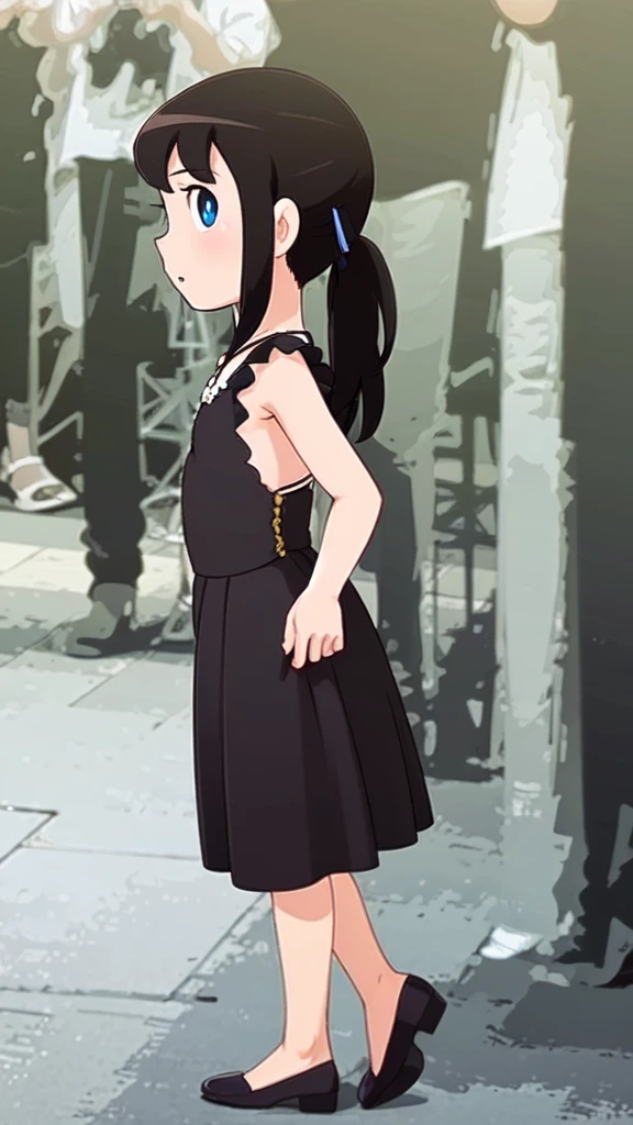 best quality, masterpiece, black hair, blue eyes, profile,full body,sexy clothes,looking at cameraman
