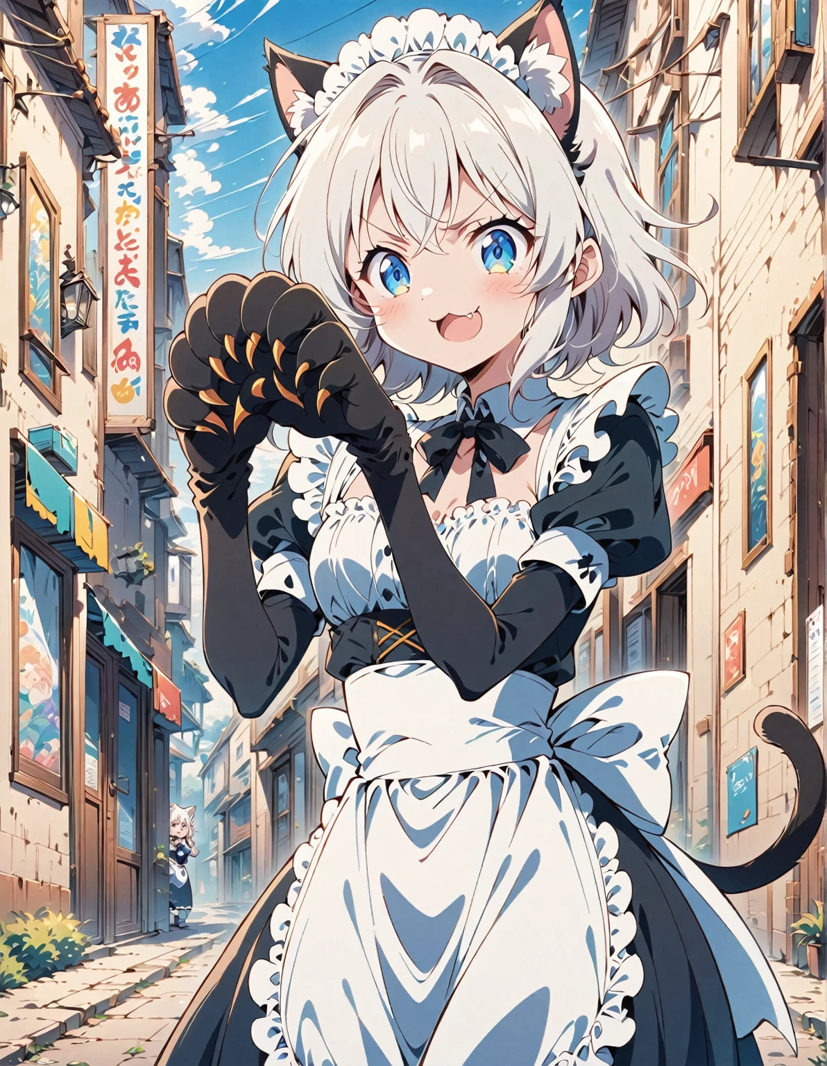 catgirl with white hair standing in a cat pose, cat ears, black big cat claws as gloves. Cute, open mouth as meowing, smirk confident look, maid dress, high quality, perfect eyes, anime manga style, cute, funny