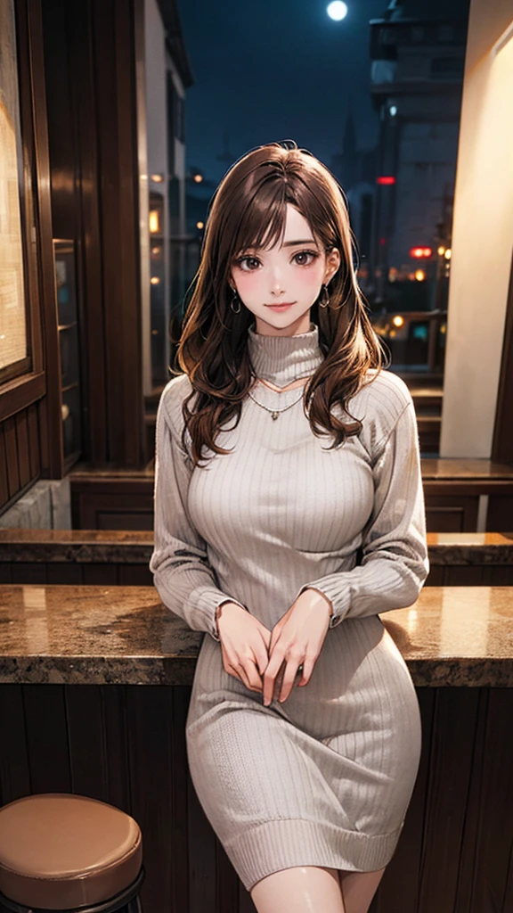(masterpiece:1.2, Highest quality), (Realistic, photoRealistic:1.4), Beautiful illustrations, (Natural Side Lighting, Cinema Lighting),
View your viewers, 1 Girl, Japanese, 30 years old, Perfect Face, Perfect body, Cute and symmetrical face, Shiny skin, Baby Face,
(Long Hair, Straight hair, Hair Intake, Brown Hair), Swept-apart bangs, Black eyes, Big eyes, (Middle chest, Captivating thighs), Earrings,
Beautiful Hair, Beautiful Face, Beautiful attention to detail, Beautiful clavicle, Beautiful body, Beautiful breasts, Beautiful thighs, Beautiful feet, Beautiful fingers,
((Grey and brown knit dress:1.4), Light brown turtleneck sweater, necklace),
(Beautiful views), night, (bar), walking, (Adorable smile, Upward glance),