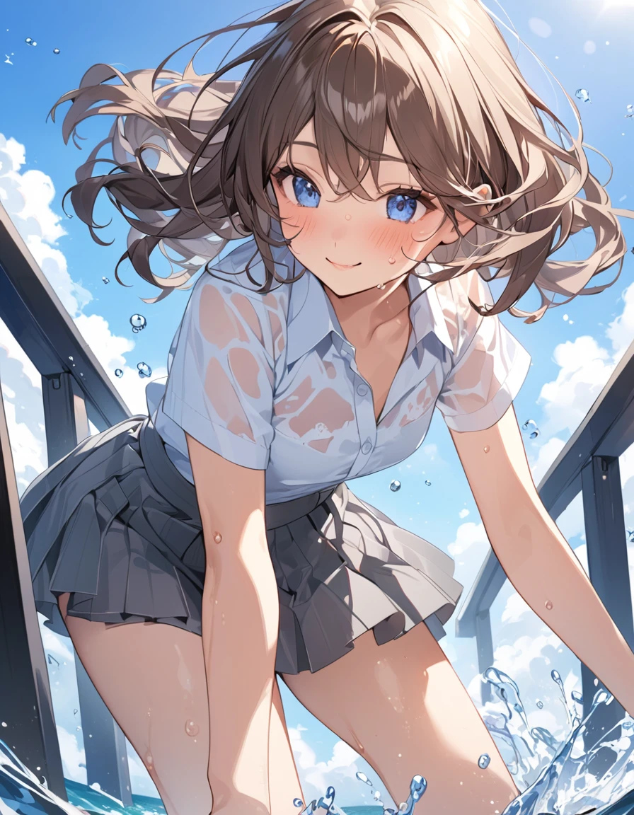 (Highest qualityのイラスト:1.2), (pretty girl:1.1), (1 girl、、Highest qualityのイラスト:1.2), (1 girl、smile、Small breasts、blue eyes)、Brown Hair、short hair、Wavy Hair、Curly Hair、Low Twintails、(Highest quality、Very detailed、Very detailed and beautiful、Ultra-high resolution) 、,{、White business shirt、Short sleeve、Grey pleated skirt}、blue sky、summer、Sweat、See-through、Splash