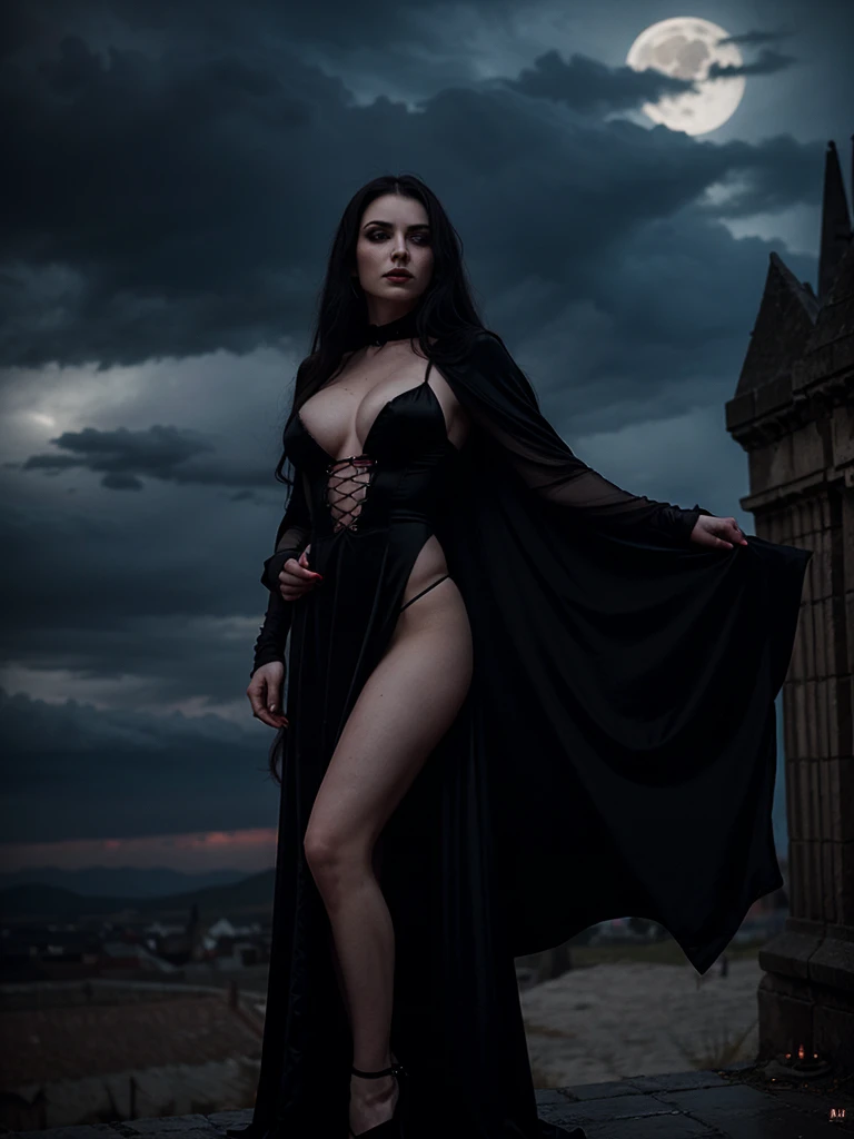 Vampiress,Queen of Dracula,her breasts only partly hidden by a plunge neck gown of black and red silk,stands in the window of a Gothic castle,lit by moonlight,stormy sky