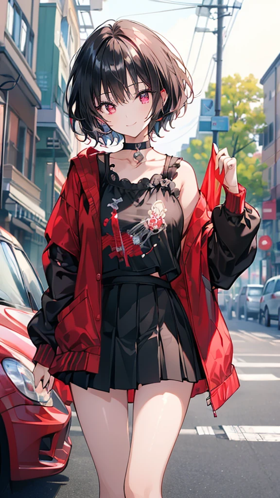 (masterpiece, highest quality, highest quality, (No text), Beautiful and aesthetic:1.2),No text,アニメ、BREAK,One Girl，Black Hair Girl　short hair　older sister　choker　Tree Eyes　Beautiful eyes　Red eyes　cool　smile　Red and Black　Black jacket　mini skirt　whole body　In town