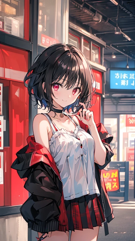 (masterpiece, highest quality, highest quality, (No text), Beautiful and aesthetic:1.2),No text,アニメ、BREAK,One Girl,Black Hair Girl short hair older sister choker Tree Eyes Beautiful eyes Red eyes cool smile Red and Black Black jacket mini skirt whole body In town