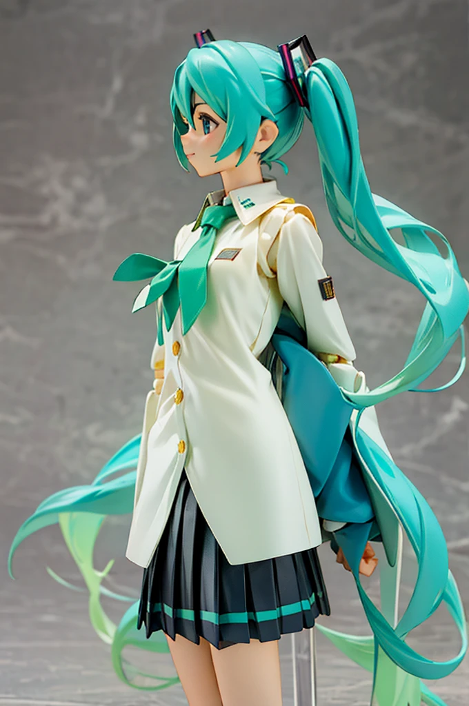 Realistic,Best quality,fine quality products,detailed,HatsuneMiku,very small breasts,shirt,pleated skirt,looking happy,figma