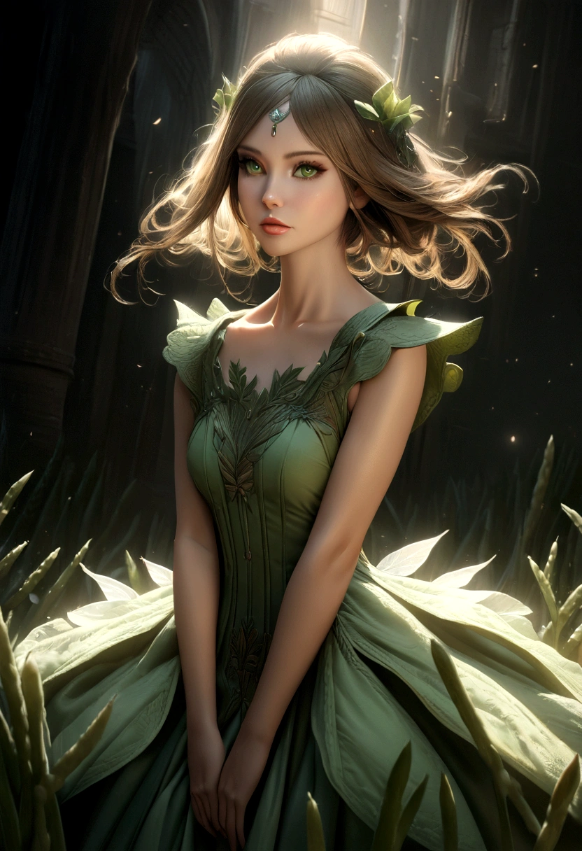 a fairy dress in asparagus, 1girl, beautiful detailed eyes, beautiful detailed lips, extremely detailed face, long eyelashes, beautiful detailed dress, asparagus green dress, fairy dress, cinematic lighting, dramatic lighting, fantasy, digital art, intricate details, elegant, detailed texture, masterpiece, best quality, 8k, photorealistic, professional
