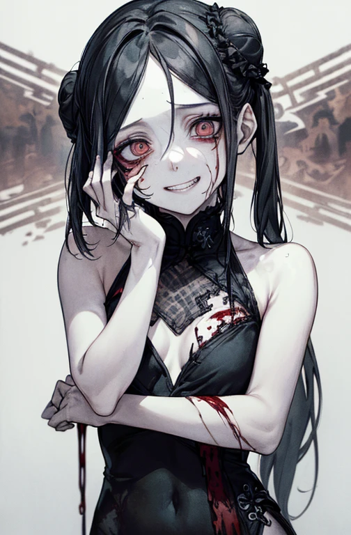 （Place your hands behind your head）、(masterpiece: 1. 2, Highest quality), (Live Action, Exquisite detail), (Anatomically correct), (1 Girl, Upper Body, Small breasts, Eyes Wide Open, Scary atmosphere, Distorted representation, Wicked Smile, Bleeding eyes, Blood splatter, whole body, China dress, Twin tail bun, Black Hair, (Dark circles under the eyes), white, Sickly, Crazy Eyes, (Grin), Dramatic makeup, Mixed Media Art, whiteの背景