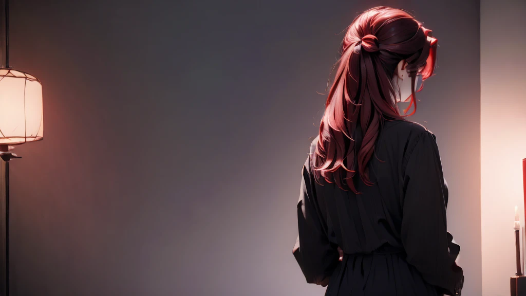 1 Girl, medium light Red hair, light black eyes , wearing black Suit 4D , night TOWN 18+, high res, ultrasharp, 8K, masterpiece, looking from behind