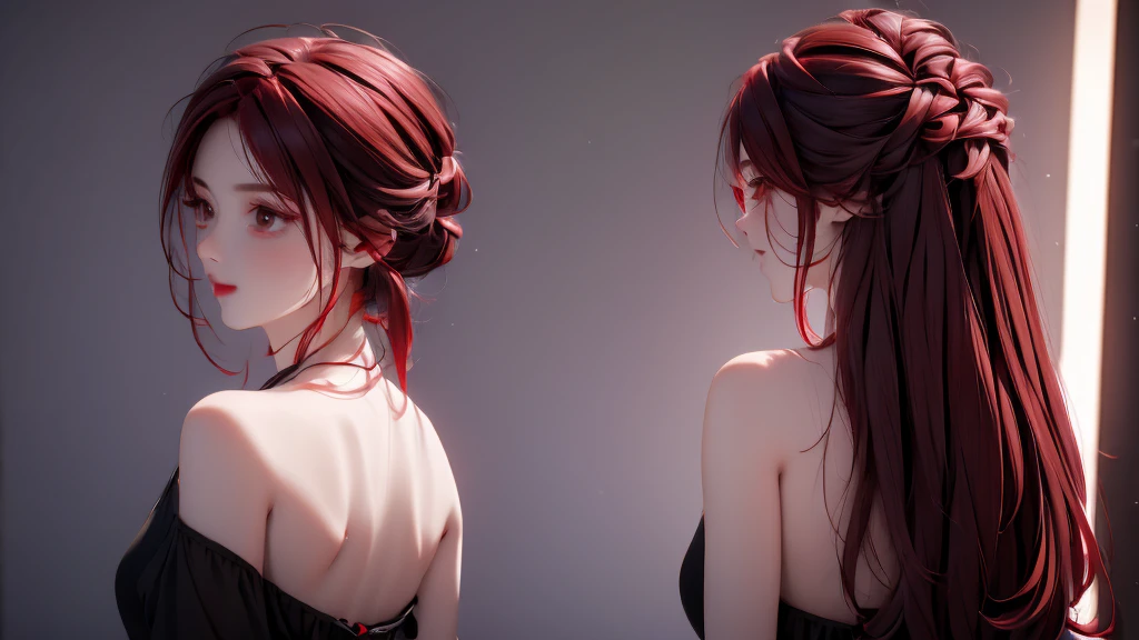 1 Girl, medium light Red hair, light black eyes , wearing black Suit 4D , night TOWN 18+, high res, ultrasharp, 8K, masterpiece, looking from behind