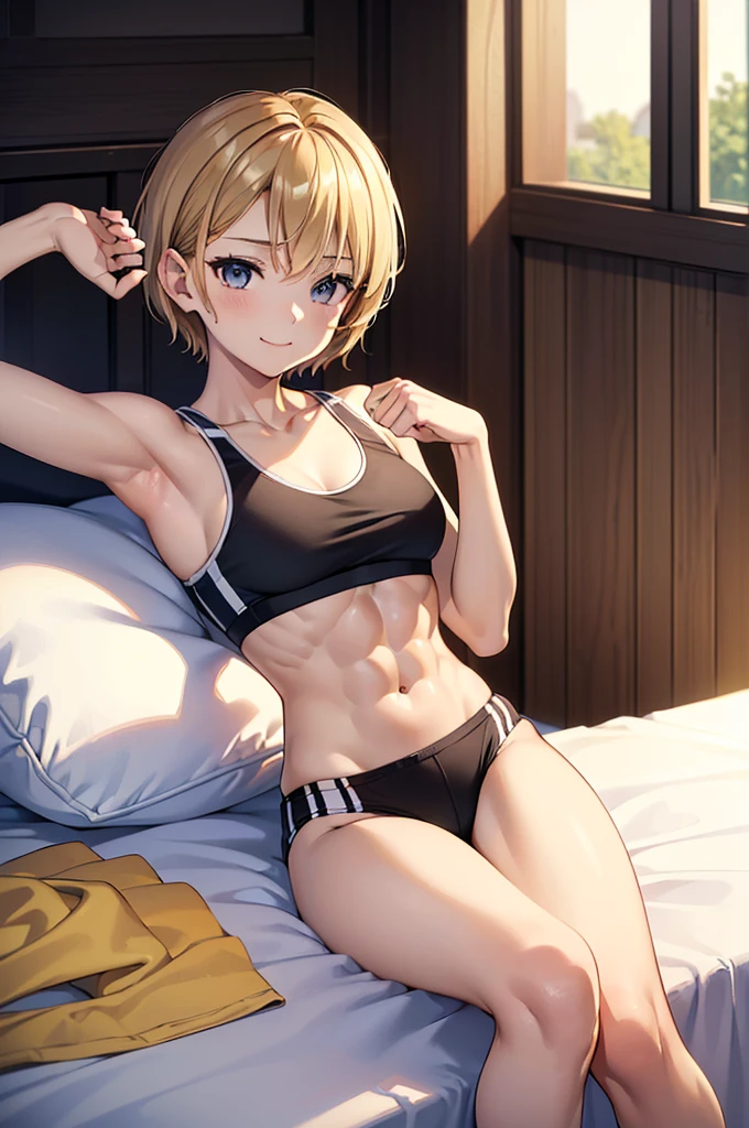 masterpiece, best quality, ultra detailed, ultra high resolution, very detailed face, solo, ((anime)), 20 years old girl, (((sports bra, pantie))), ((golden short hair)), (((medium breast))), (six pack abs:1.2), (((put hands around the navel))), ((little smile)), (((lying on the bed))), indoor