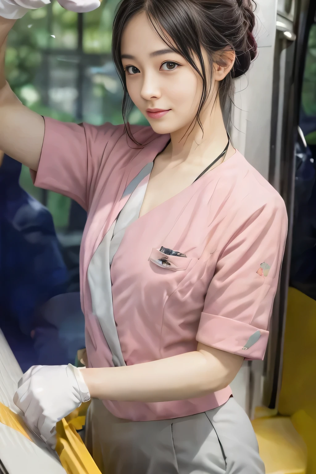 (masterpiece:1.2, Highest quality:1.2), 32k HDR, High resolution, (alone、1 girl)、 (Height: 160cm)、(On the rooftop of a building in the daytime、Professional Lighting)、Building rooftop background、(Nankai train crew uniform pinkを着たリアルスタイル)、(Nankai train crew uniform pink short sleeve collarless pink jacket、Nankai Train Crew Uniform Pink Collarless Short Sleeve Blouse、Nankai Train Crew Uniform Pink Grey Knee-length Culottes)、(The pink jacket is showing from the culottes.)、Dark brown hair、(Hair tied up、Hair tied up、Evening curly hairstyle)、Dark brown hair、Long Shot、Big Breasts、Thin legs、((Great hands:2.0)),((Harmonious body proportions:1.5)),((Normal limbs:2.0)),((Normal finger:2.0)),((Delicate eyes:2.0)),((Normal eyes:2.0)))、smile、(Nankai Train Crew Uniform Pink Grey Knee-length Culottesを見せた美しい歩く姿)、Place your hands around your stomach