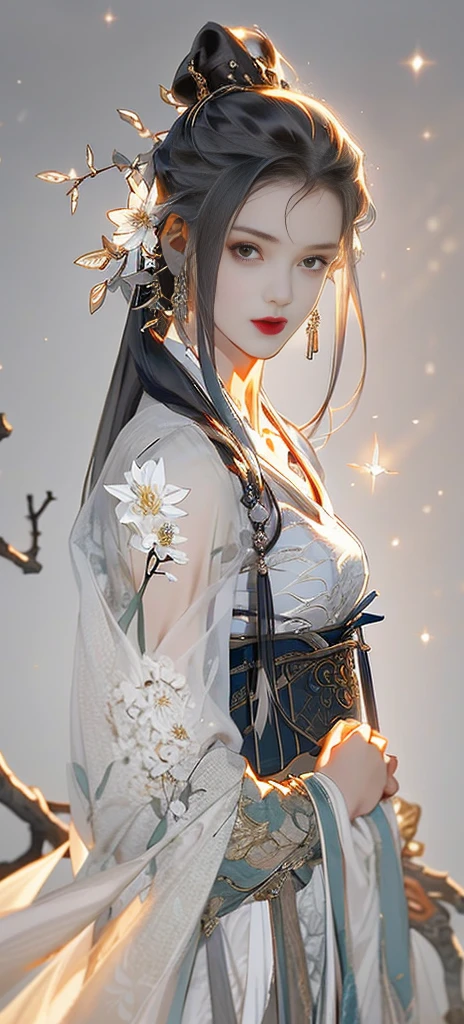 Beautiful details for girls, very detailed eyes and face, beautiful eye details, super detailed, high resolution, very detailed, best quality, illustrations, amazing, exquisite details with gray hair, best quality, very detailed CG, 8k wallpaper, a woman, woods, long black hair, ponytail, hanfu girl, flowers, complex textures, armor, warriors