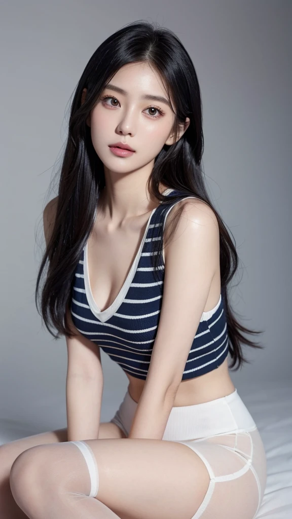 Quiet, light makeup, collarbone, neat long hair, black hair, delicate face, delicate features, natural expression, natural eyes, blue striped vest, white stockings, full chest, crop, crop.