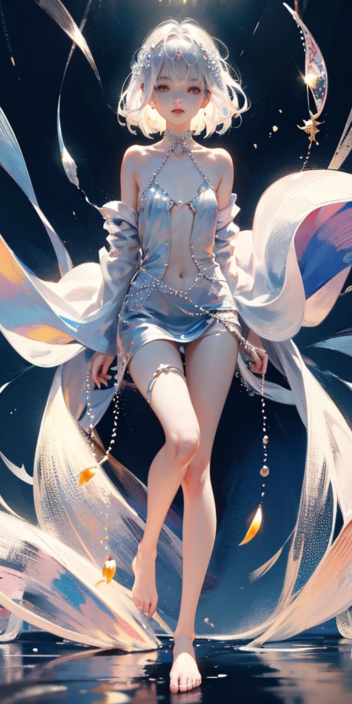 A girl、symmetry,Daughter,whole body female love,Put your hands together and bloom,(Very detailed:1.1),((small :1.2))、The eyes are well drawn、Charming eyes、Double tail、Wear jewelry and pearls around your neck,Transparent openwork、Deep V、Crystal Pearls、在Wear jewelry and pearls around your neck,white hair, show your thighs, Bare shoulders, Show clavicle, Yao Liu, barefoot,((whole body))、painful posture