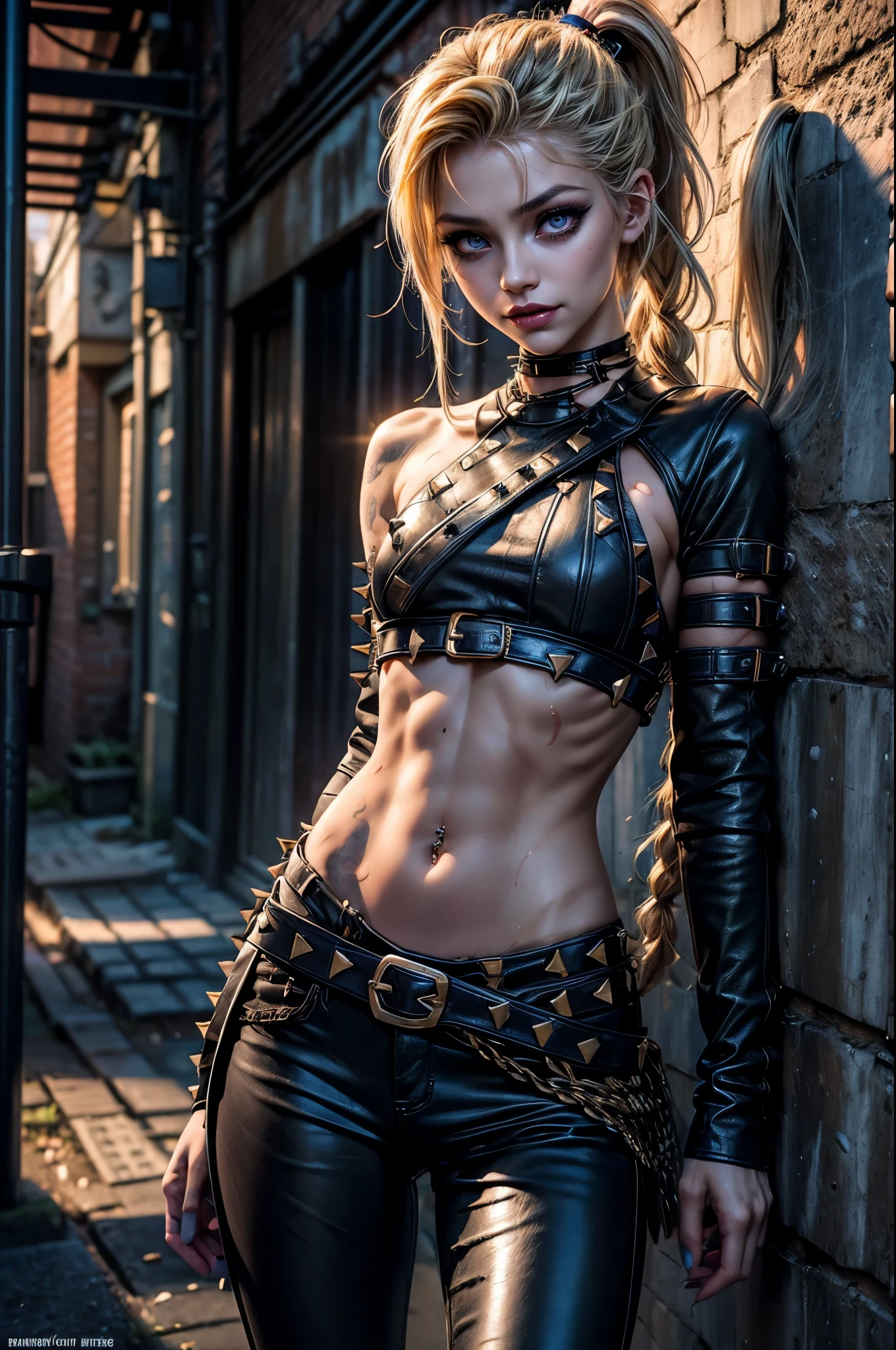 (RAW photo, best quality), Cute jinx girl with blond hair, (double ponytail blond hair), (hair over one eye), (alley background), light, very dark eyeliner, makeup, wine-red lipstick, jinxlol, cute smile, gorgeous face , super cute, punk, healthy face, , young looking, hyper detailed face, detailed skin, heavy dark eyeliner, (enormous super sized breast), (thin waist, slender, skinny), ((tight dirty and worn down leather pants)), LowriseXL, ((belt bra)), ((leaning back against wall)), (((three bullet belts))), (((three studded belts))), exposed midriff, tattoos, ((((navel piercing)))), ((((bellybutton piercing)))), (thigh belt), leather arm sleeves, ((many hip chains)), ((rock hard abs)), putting weight on one leg, perfecteyes eyes, muddy skin, wet skin, oily skin, ((sexy pose))