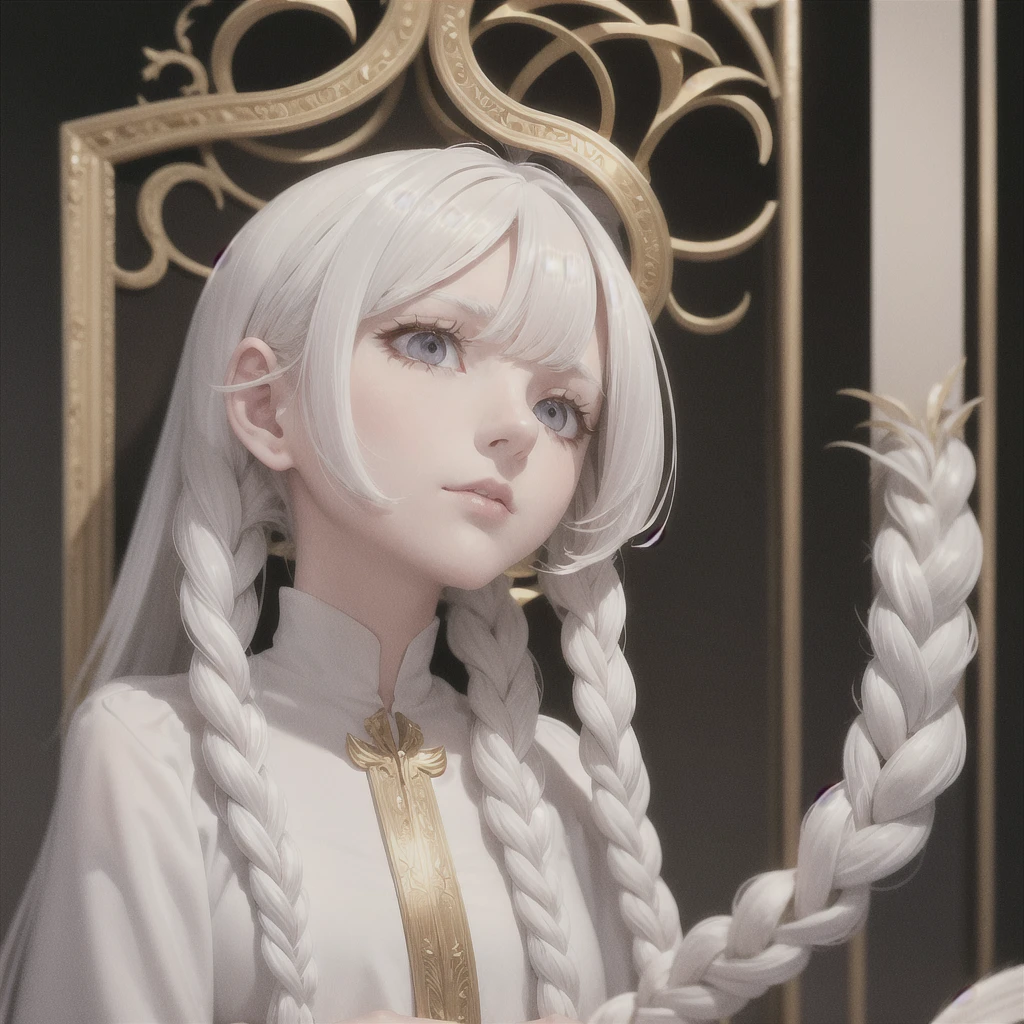 best quality, masterpiece,White hair, Golden Eyes,White clothes, look up, Upper Body,Hair,White skin,Side Braid