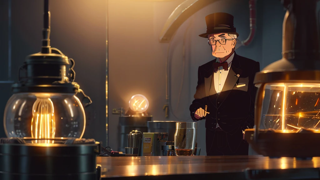 [Location] 1884, New York City. Edison's laboratory.

[Edison]
A middle-aged man with a short stature and a bushy beard. He wears a hat and appears lively in a formal suit.

[Tesla]
A young man with a high forehead and faint round glasses. He wears a well-tailored suit and his hair is neatly combed.

[Description]
In 1884, at Thomas Edison's laboratory in New York City. This scene depicts the first meeting between Thomas Edison, a leader in the advancement of electrical technology at that time, and Nikola Tesla, who was exploring new directions in electricity.

[Panel]
Edison and Tesla are staring at each other from across the room. Edison seems engrossed in experiments in his laboratory, holding a component with a light bulb attached. Meanwhile, Tesla stands near the entrance, appearing ready with experimental apparatus utilizing magnetic fields.