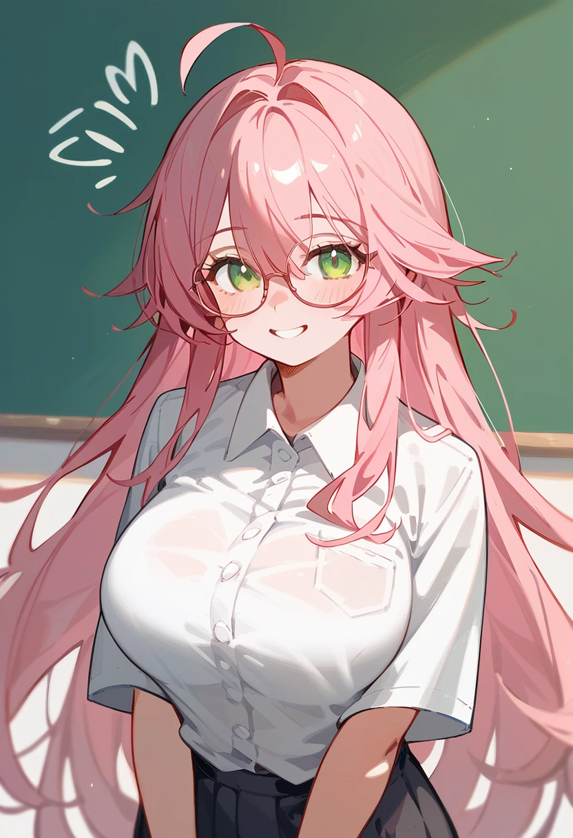 School Swimsuit、One Woman、private teacher、Big Breasts、Pink Hair、Long Hair、Straight Hair、Ahoge、Kind older sister、Pink small glasses、Green Eyes、smile、Droopy eyeature