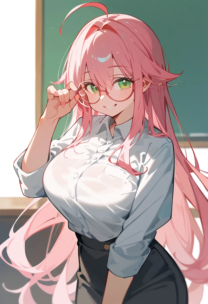 School Swimsuit、One Woman、private teacher、Big Breasts、Pink Hair、Long Hair、Straight Hair、Ahoge、Kind older sister、Pink small glasses、Green Eyes、smile、Droopy eyeature