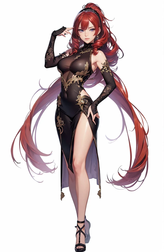 ((1girl, solo)), beautiful body, (perfect anatomy, perfect body, perfect hands, perfect legs), natural proportions, sexy body, large breasts, ((full body, full body front)) BREAK
((extremely detailed face)), (beautiful detailed eyes:1.6), (realistic pupils, realistic iris:1), expressive eyes, looking at viewer, (clear eyes:1.3), (hyperrealistic:1.2), (detailed skin texture:1.2), smooth skin, ((purple eyes)), (red hair:1.5), long hair, very long hair, high ponytail, bangs, sidelocks, ((drill earrings)), hair ornament, hair stick, ((black hairband)), ((mature female)), ((little smile)), (detailed lips:1.2), (attractive lips:1.1), (glossy lips:1.1), (parted lips), perfect face, perfect eyes BREAK
(masterpiece:1.5), anime-style, top quality, best quality, (beautiful and aesthetic:1.2), (ultra detail:1.5), Ultra-detailed depiction, Ultra-precise depiction, extremely detailed 8k illustration, high resolution, (highly detailed shading:1.2), (realistic lighting:1.4), perfect lighting, vibrant colors, dynamic tones, striking hues, 8k, absurd resolution, perfect shadows, hdr, UHD, ambient lighting, realistic, ultra-realistic, photo realistic, highly detailed, rich detail, luminous colors, fine texture, intricate design, professional illustration, (soft light:1.2), (illustration:0.7)